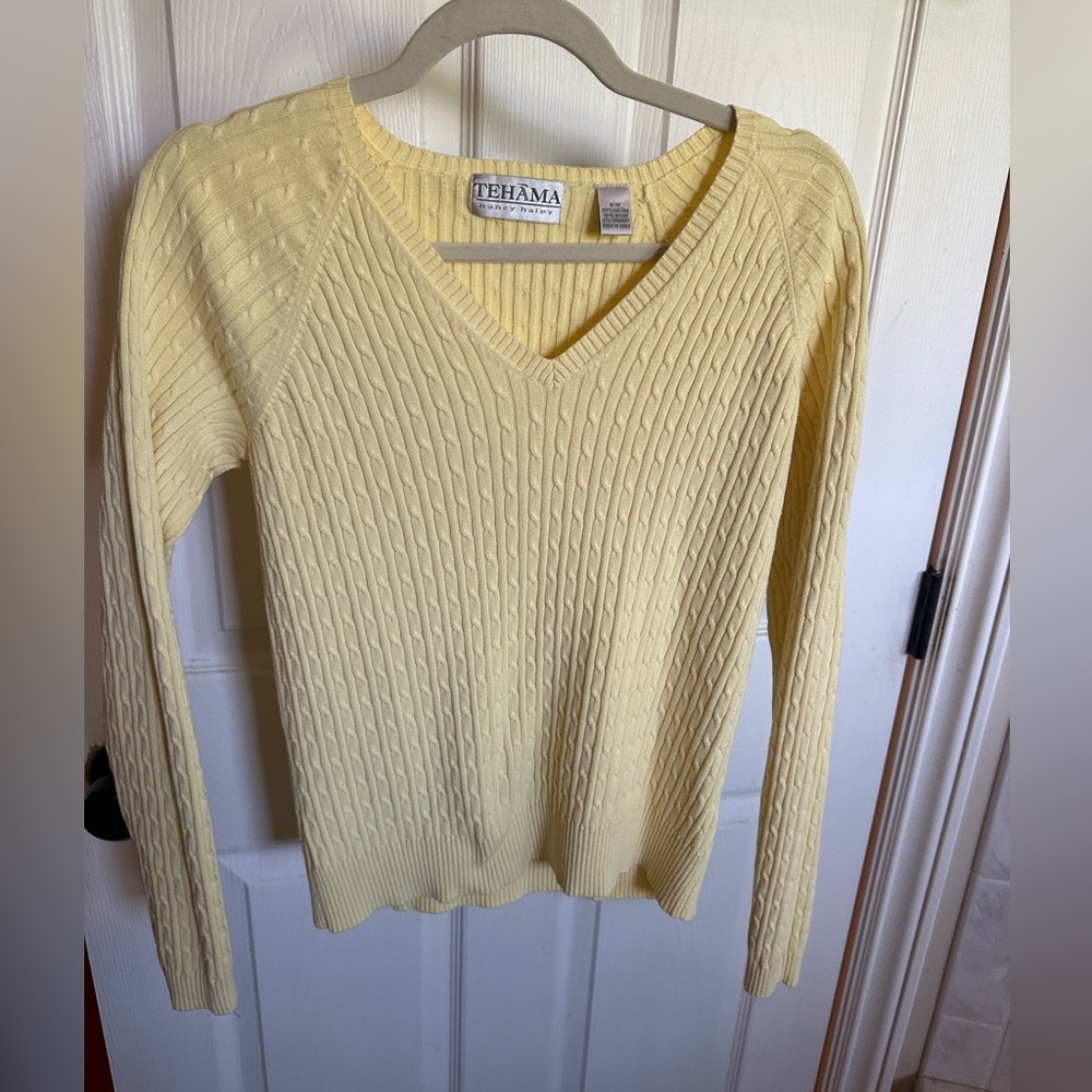 TEHAMA Yellow V-Neck Sweater with Ribbed Texture